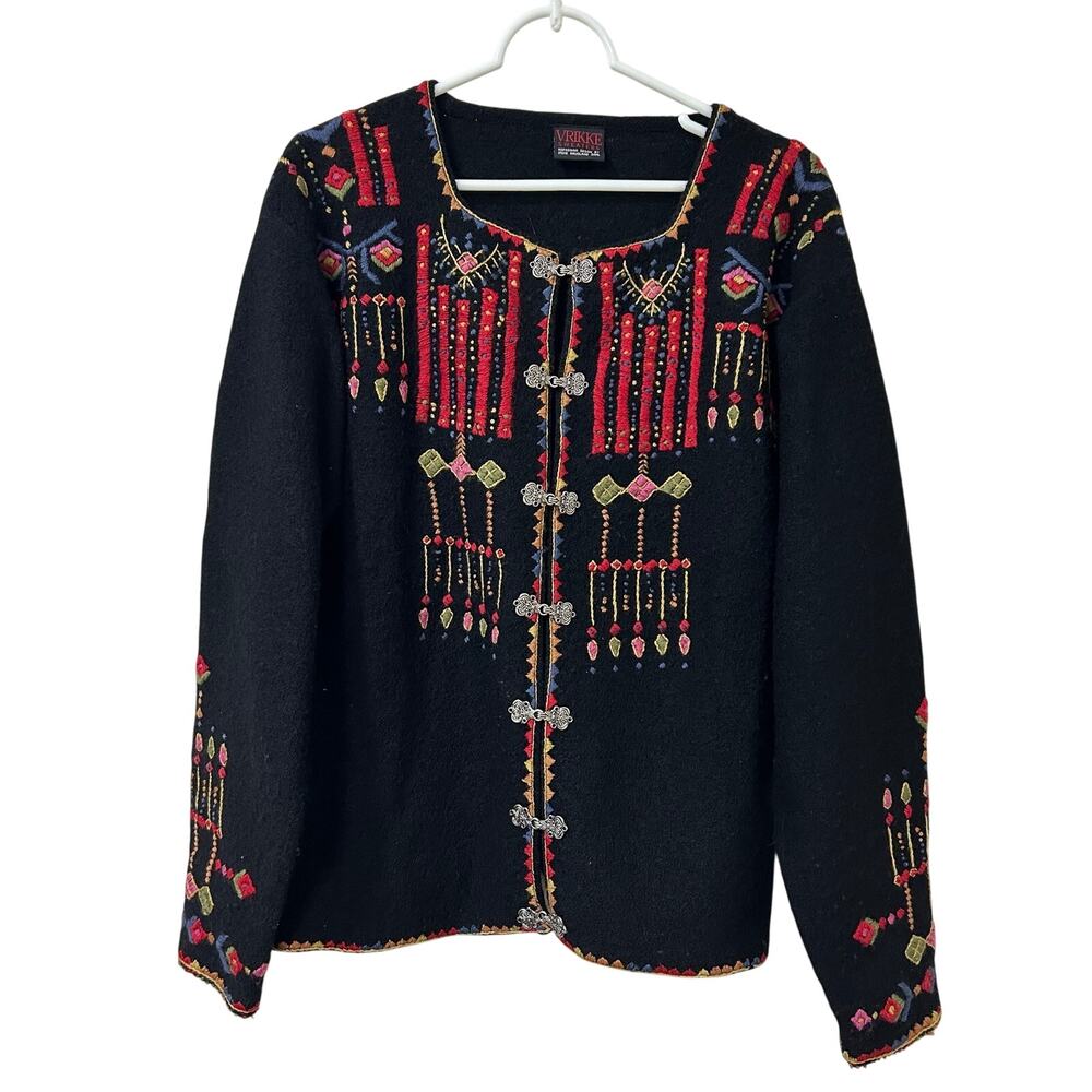 Vrikke Womens Size Large Black Norwegian Wool Cardigan Sweater Embroidered Clasp